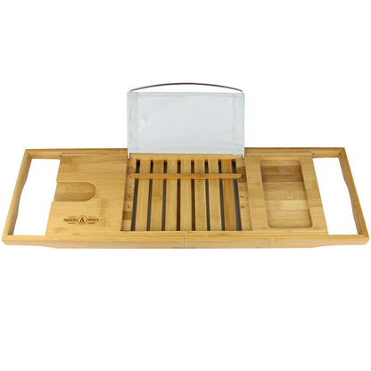Maison & White Extendable Bamboo Bath Caddy | Adjustable 70.5–105cm | Wine Glass Holder | Smartphone Slot | Tablet & Book Rest | Non-Slip Feet | Natural Bamboo | 2-Year Warranty
