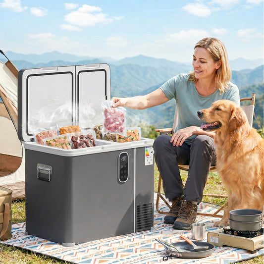 55L Dual-Zone Compressor Car Fridge Freezer | -20°C to +20°C | Bluetooth App | DC/AC | 15-Min Cool | Grey