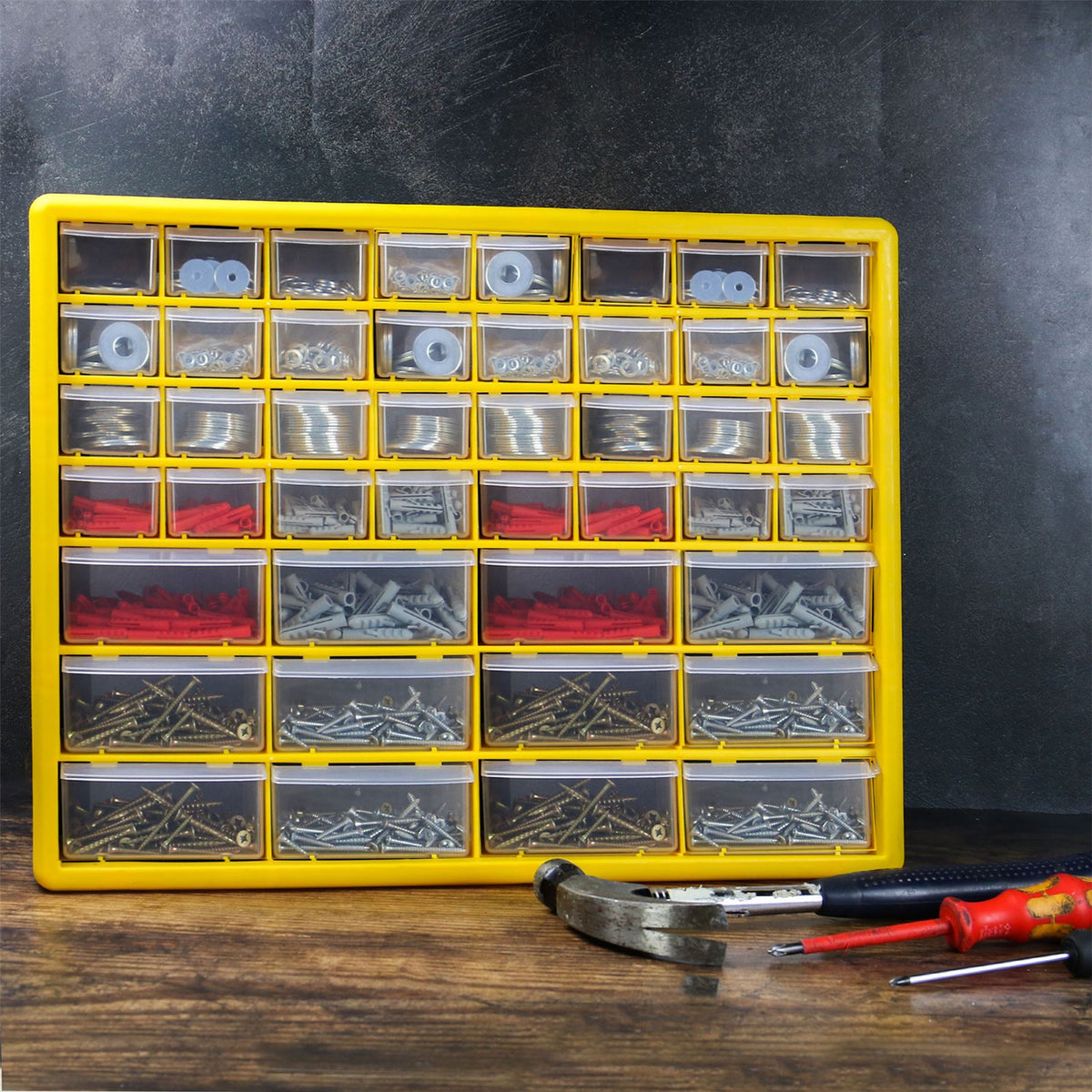 Pukkr 44 Drawer Storage Cabinet | Yellow & Black Small Parts Organiser | Clear Drawers | Desktop or Wall Mounted