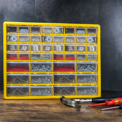 Pukkr 44 Drawer Storage Cabinet | Yellow & Black Small Parts Organiser | Clear Drawers | Desktop or Wall Mounted