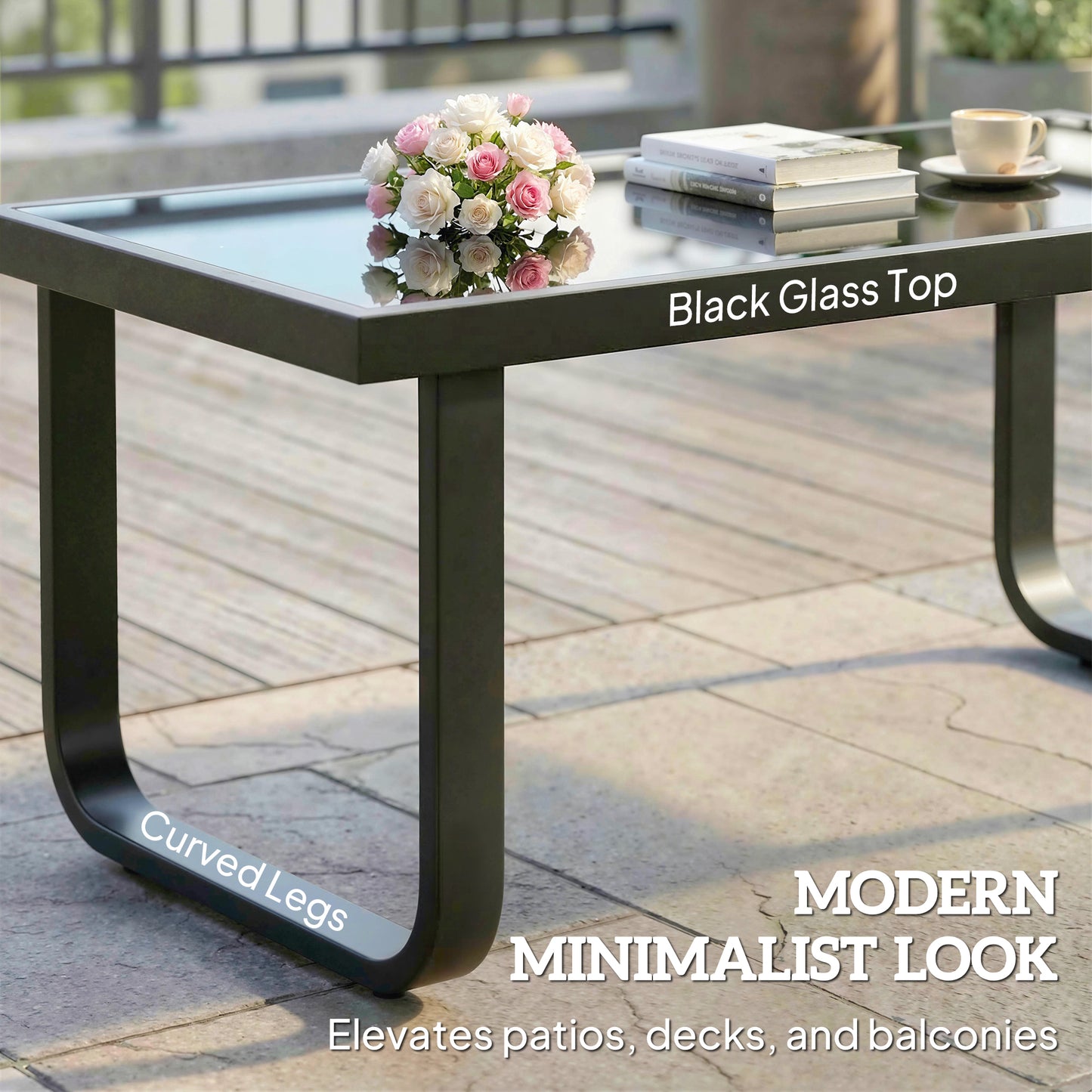 Rectangle Garden Coffee Table | Tempered Glass Top | Unique Leg Design | Adjustable Feet | 30kg | Black