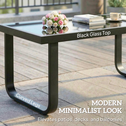 Rectangle Garden Coffee Table | Tempered Glass Top | Unique Leg Design | Adjustable Feet | 30kg | Black
