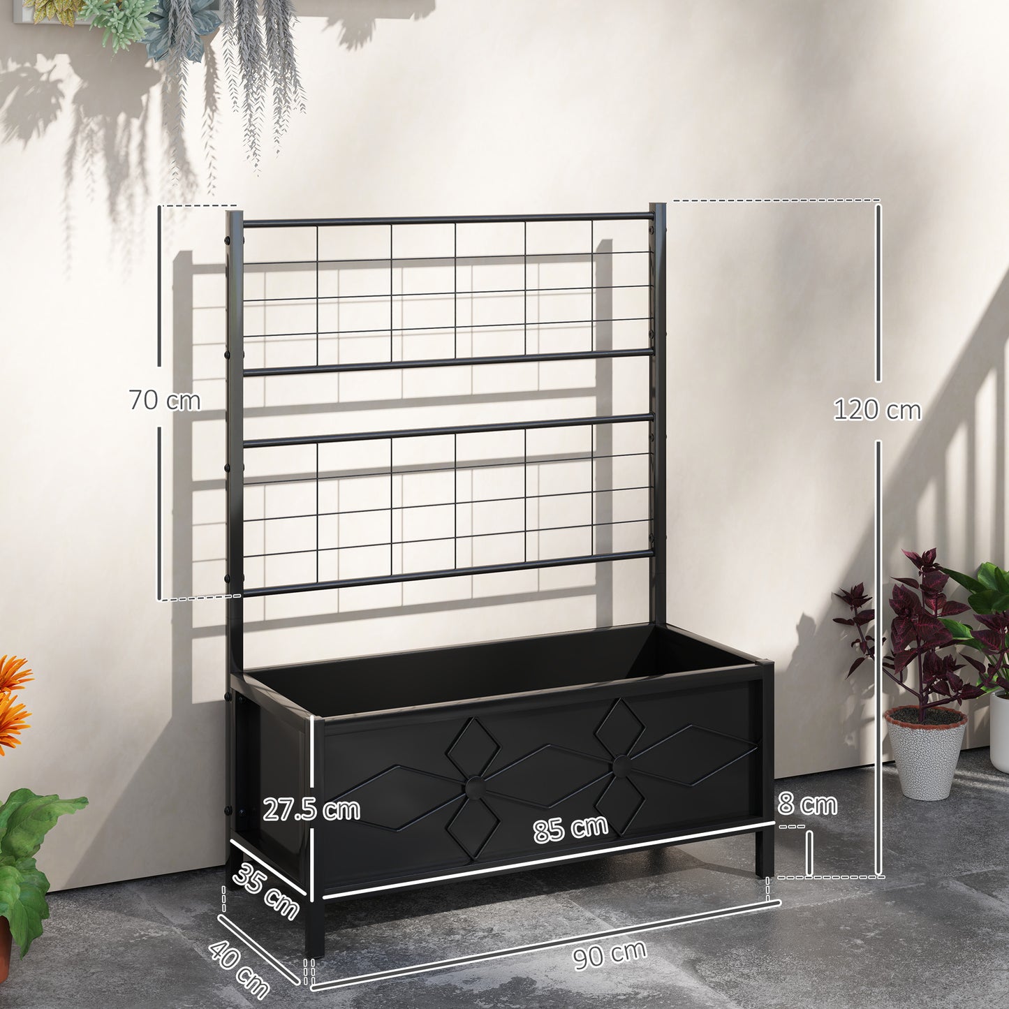 Raised Bed for Garden with Trellis, Galvanised Planter Box with Diamond Pattern, Drainage Holes for Vegetables, Herbs and Flowers, 90 x 40 x 120 cm, Black