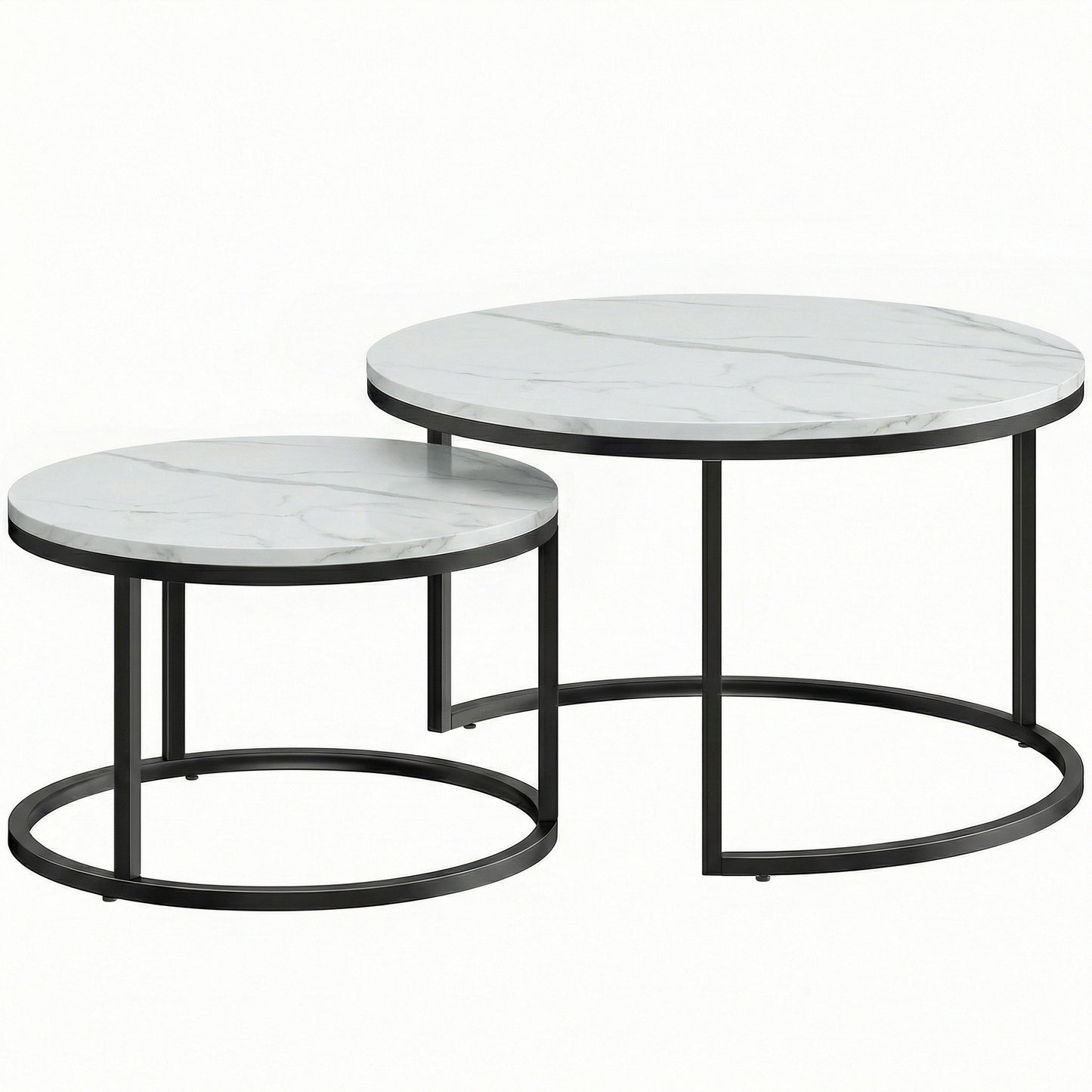 Set of 2 Round Nesting Coffee Tables | Marble-Effect MDF Top | Steel Frame | 50kg | Marble White