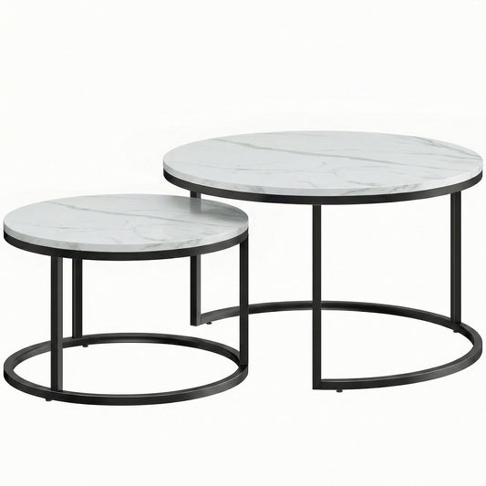 Set of 2 Round Nesting Coffee Tables | Marble-Effect MDF Top | Steel Frame | 50kg | Marble White