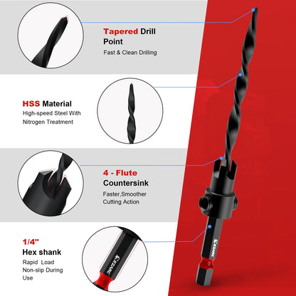 EZARC Countersink Drill Bit Set 24-Pack, Tapered Drill Bits Kit For Woodworking With Storage Box