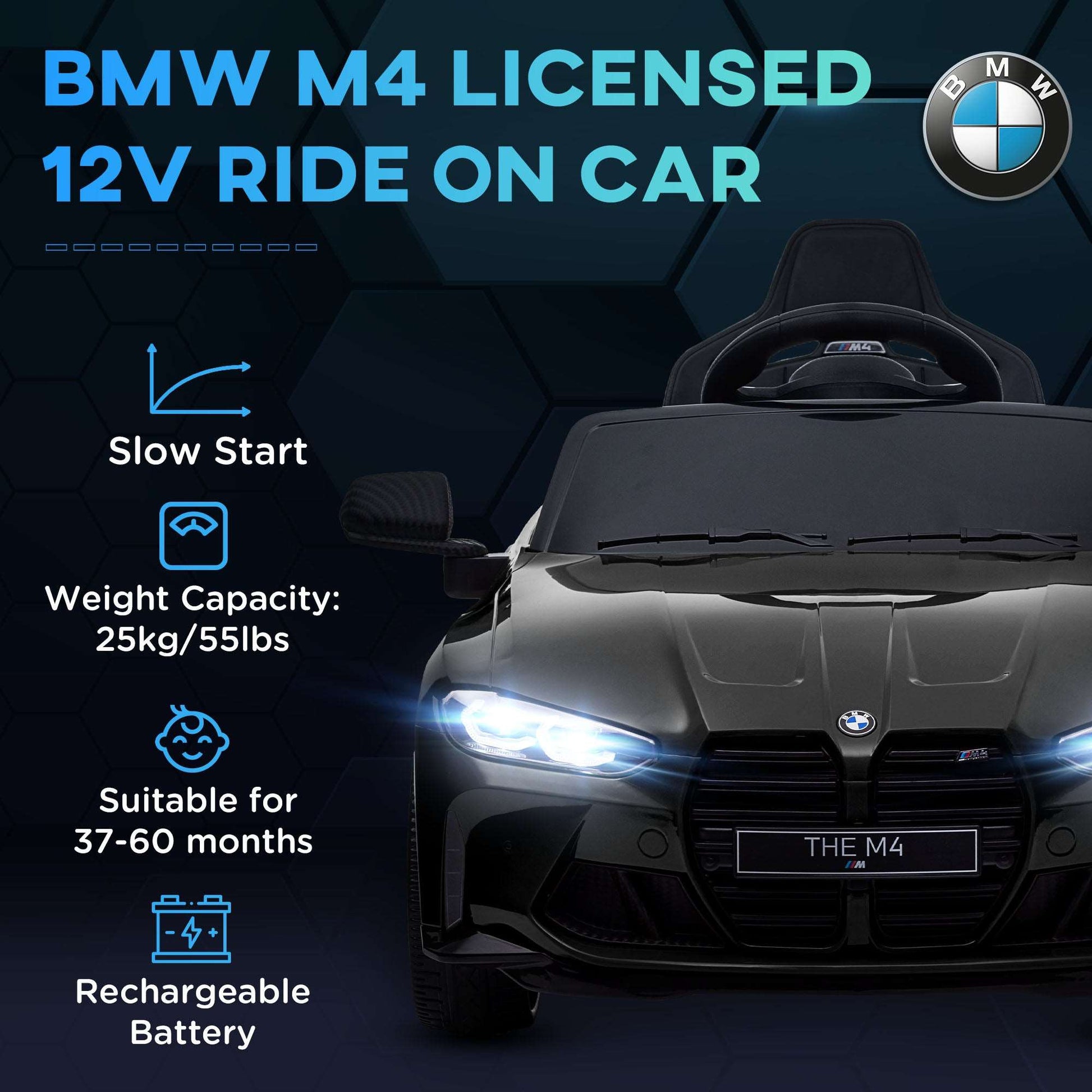 12V BMW M4 Licensed Kids Car with Easy Transport, Remote Control, Suspension, Music, Horn, LED Lights
