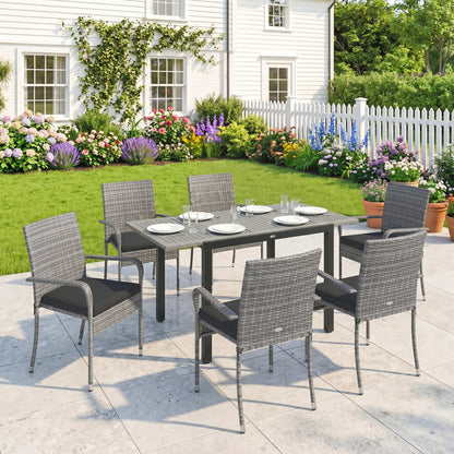 7-Piece Rattan Garden Furniture Set | 6 Seater | Extendable Acacia Wood Table 100-150cm | 6 Stackable High-Back Armchairs | Washable Cushion Covers | PE Rattan & Steel Frame | Light Grey