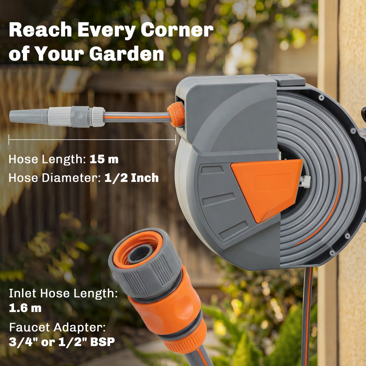 Wall Mounted Retractable Garden Hose Reel | 15+1.6m | Auto Retract & Self-Locking | 180° Swivel Bracket | Dual Spray Modes | 8 Bar Working Pressure | 51x20x34cm | Orange