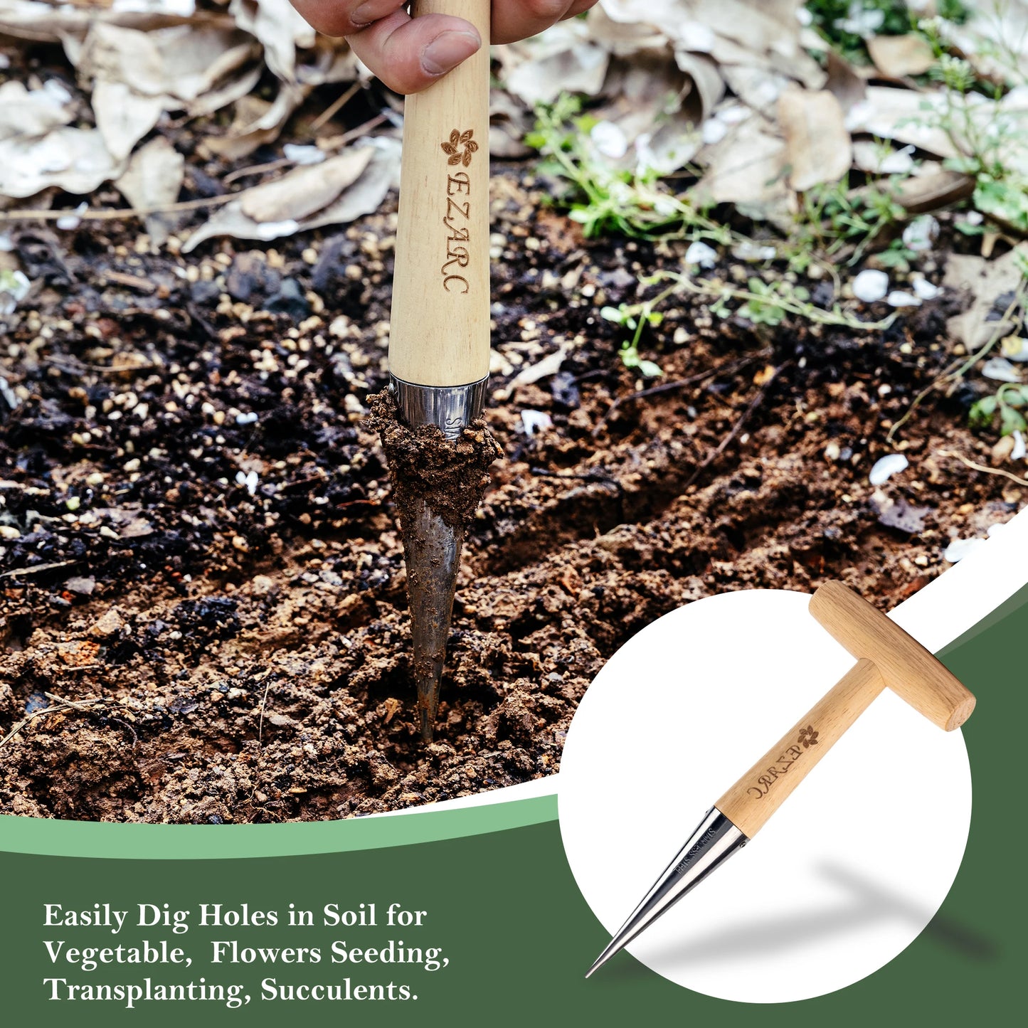 EZARC Garden Hole Punch Dibber for Planting Seeds 10.5-Inch Stainless Steel Hand Sow Dibber with Wooden Handle