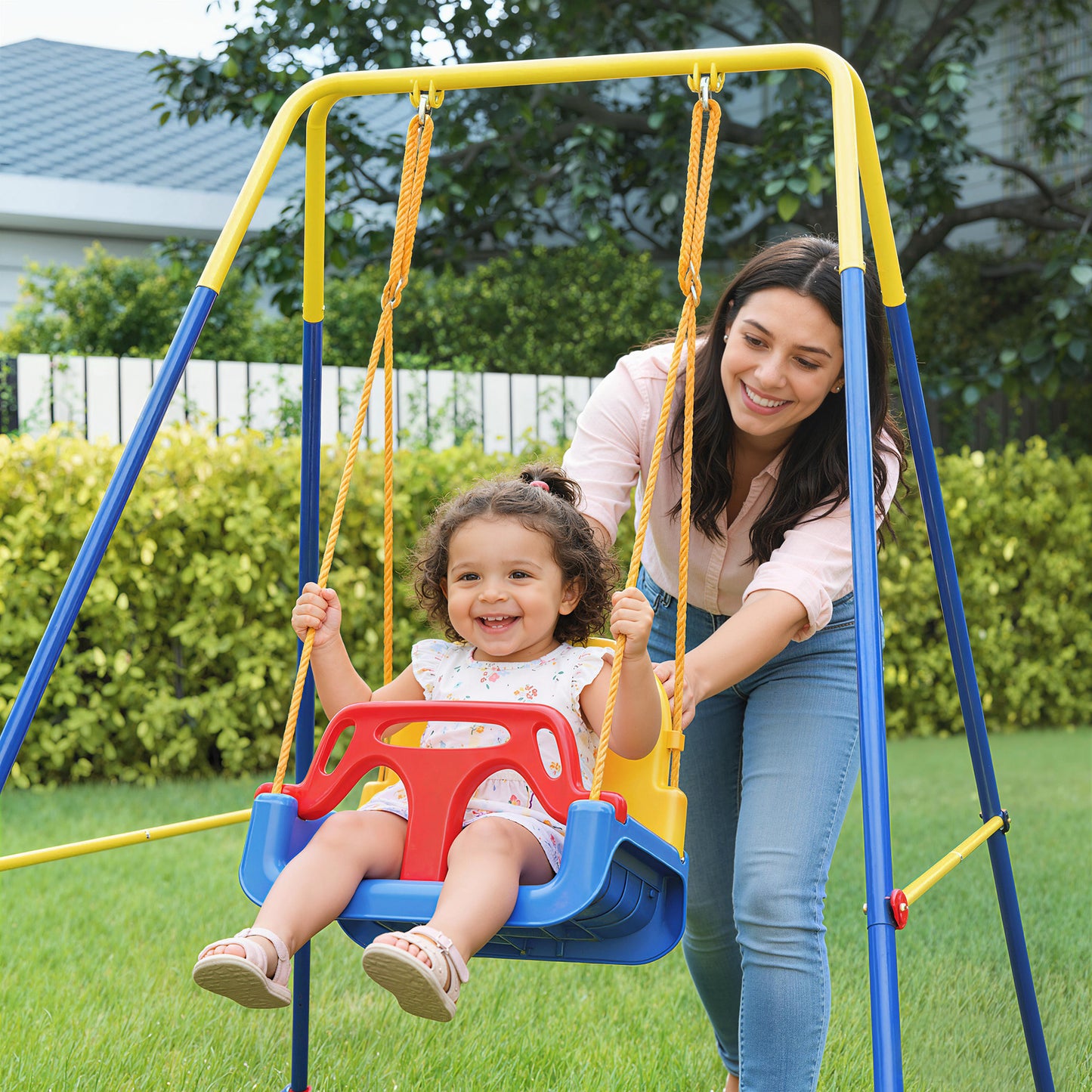 3-in-1 Toddler Swing Set – Foldable A-Frame, Seat Belt, Adjustable Height 35–55cm, Indoor & Outdoor, EN71 Tested, Ages 9 Months–8 Years – Blue