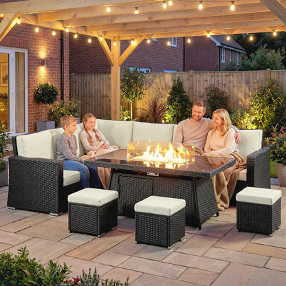 7 Piece Rattan Garden Sofa Set with 50,000 BTU Gas Fire Pit Table | 2 Corner Loveseats | Loveseat | 3 Footstools | Glass Wind Guard | Padded Cushions | Washable Covers | Cream