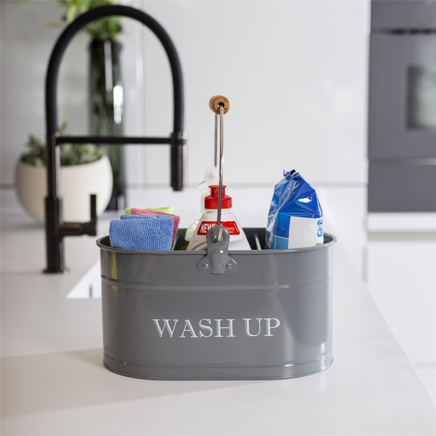 Wash Up Tidy | Powder-Coated Steel | 3 Compartments | Carry Handle | Rust Resistant | 27x14x12.5cm | Kitchen Sink Organiser | 2-Year Guarantee | Grey