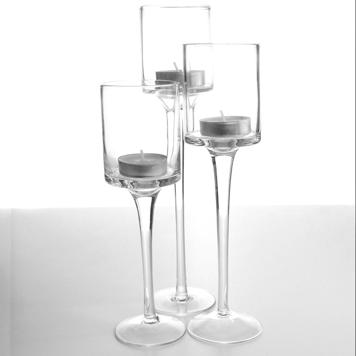 Maison & White Set of 3 Glass Tea Light Candle Holders | Stepped Heights 20cm 23cm 26cm | 6cm Diameter | Fits Tea Lights LED Candles | Dinner Table Wedding Fireplace | 2-Year Warranty