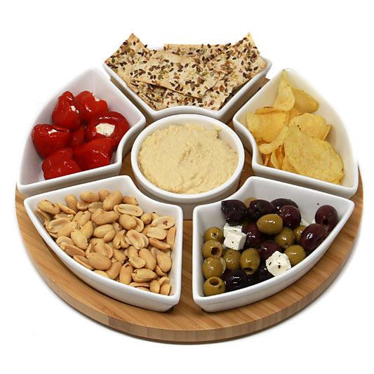 Maison & White Bamboo Lazy Susan Dip Set | 6 Removable White Ceramic Bowls | 360° Rotating Snack Server | 30.5cm