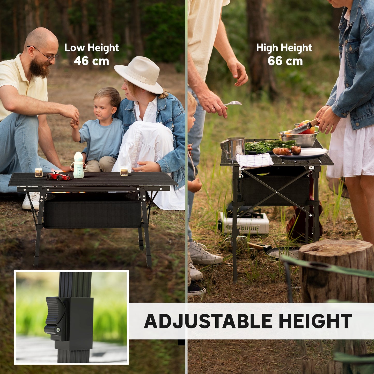 Folding Camping Table, 90 x 55 cm Height Adjustable Portable Collapsible Table, 3ft Lightweight Aluminium Rollup Picnic Table with Storage Basket