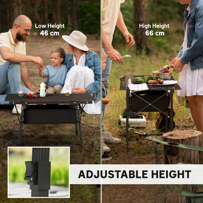 Folding Camping Table, 90 x 55 cm Height Adjustable Portable Collapsible Table, 3ft Lightweight Aluminium Rollup Picnic Table with Storage Basket