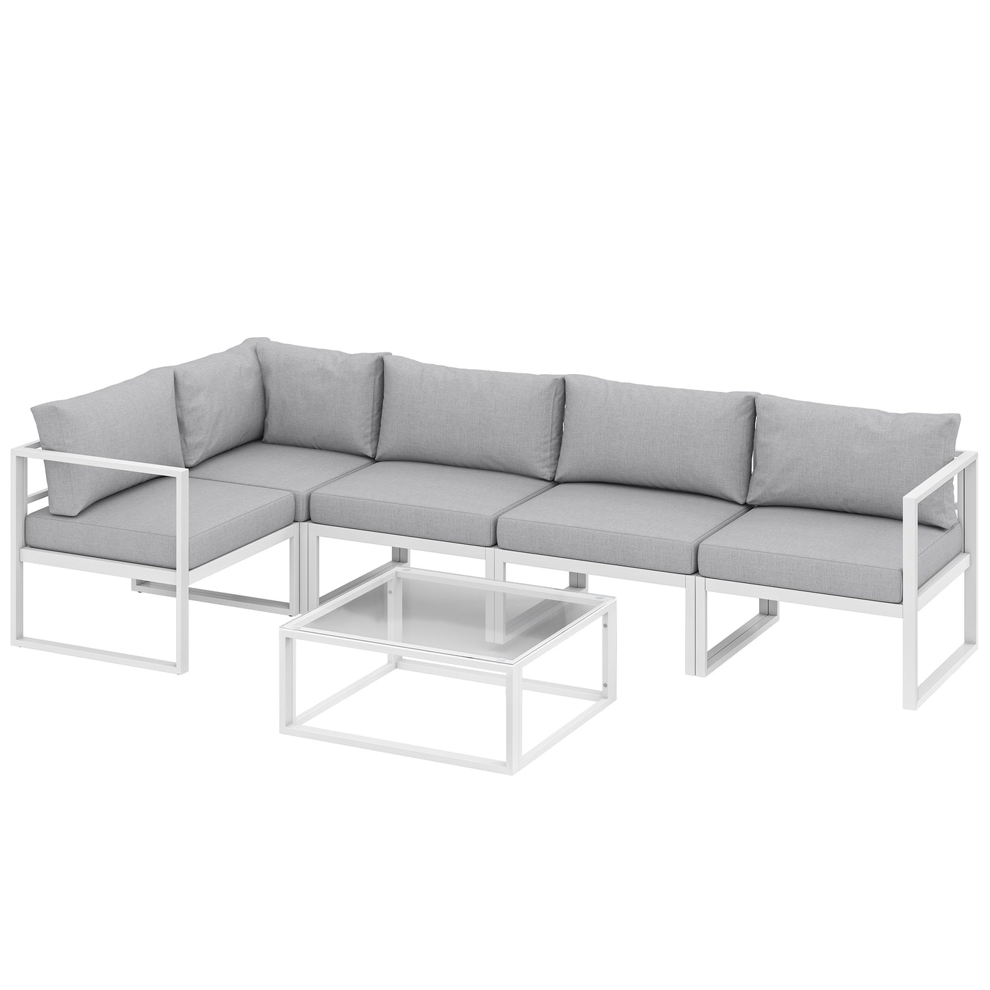 6-Piece Modular Aluminium Garden Sofa Set | Corner, 2 Middle & 2 Side Sofas | Tempered Glass Coffee Table | 10cm Seat & 18cm Back Cushions | Washable Covers | White Frame | Light Grey | 267x135x63cm