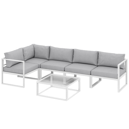 6-Piece Modular Aluminium Garden Sofa Set | Corner, 2 Middle & 2 Side Sofas | Tempered Glass Coffee Table | 10cm Seat & 18cm Back Cushions | Washable Covers | White Frame | Light Grey | 267x135x63cm