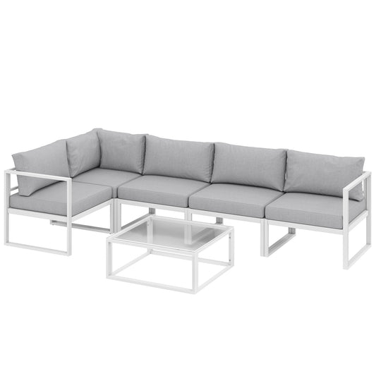 6-Piece Modular Aluminium Garden Sofa Set | Corner, 2 Middle & 2 Side Sofas | Tempered Glass Coffee Table | 10cm Seat & 18cm Back Cushions | Washable Covers | White Frame | Light Grey | 267x135x63cm