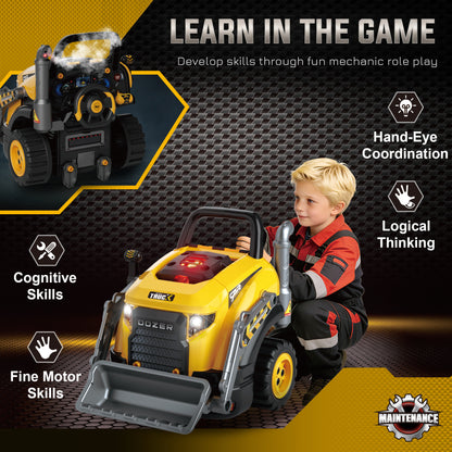 Kids Excavator Engine Toy | Yellow Pretend Play Mechanic Workshop with 63 Parts & 4 Tools