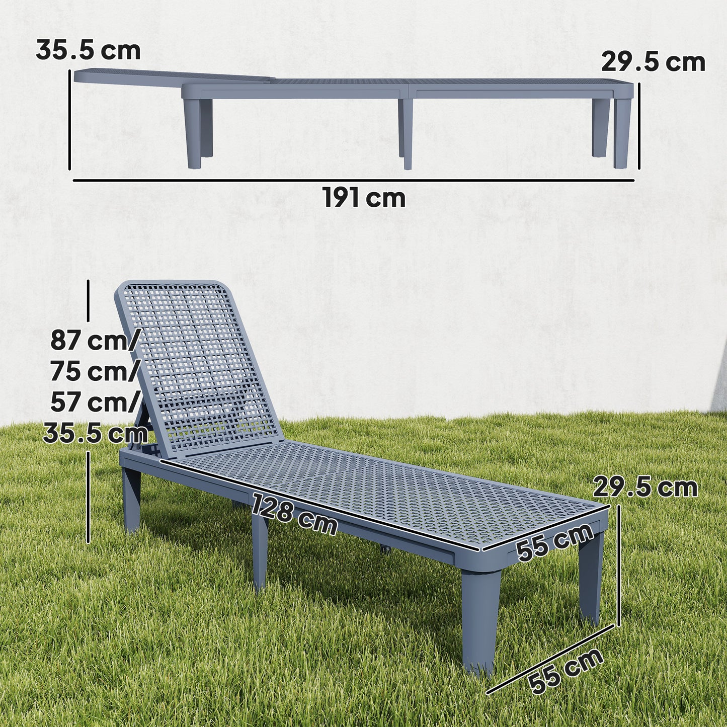 PP Plastic Sun Lounger | 4-Position Reclining | Anti-UV | Breathable Surface | 120kg | Dark Grey