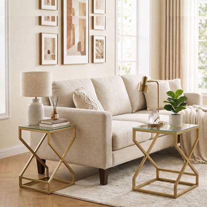 Nest of 2 Tables | Tempered Glass Tops | Gold-Tone Steel Tube Frame | Nesting Design | Adjustable Foot Pads | Large 40x40x55cm Small 35x35x50cm | 20kg Capacity | Transparent & Gold