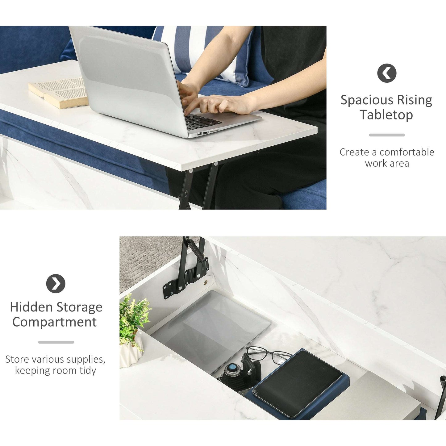 Modern Lifting Coffee Table with Hidden Compartment, Storage Coffee Table for Living Room, Faux Marble White