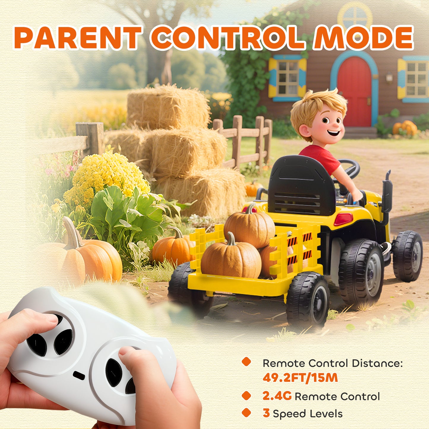 AIYAPLAY 12V Ride on Tractor and Trailer with Remote Control, Music, Shifter, Start-Up Sound, for Kids Ages 3-8 Years