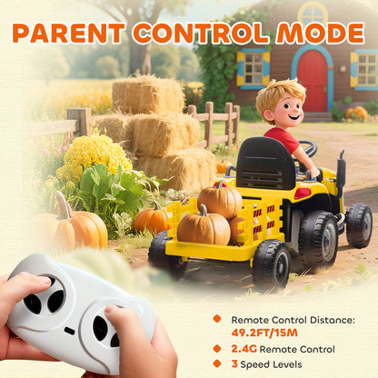 AIYAPLAY 12V Ride on Tractor and Trailer with Remote Control, Music, Shifter, Start-Up Sound, for Kids Ages 3-8 Years