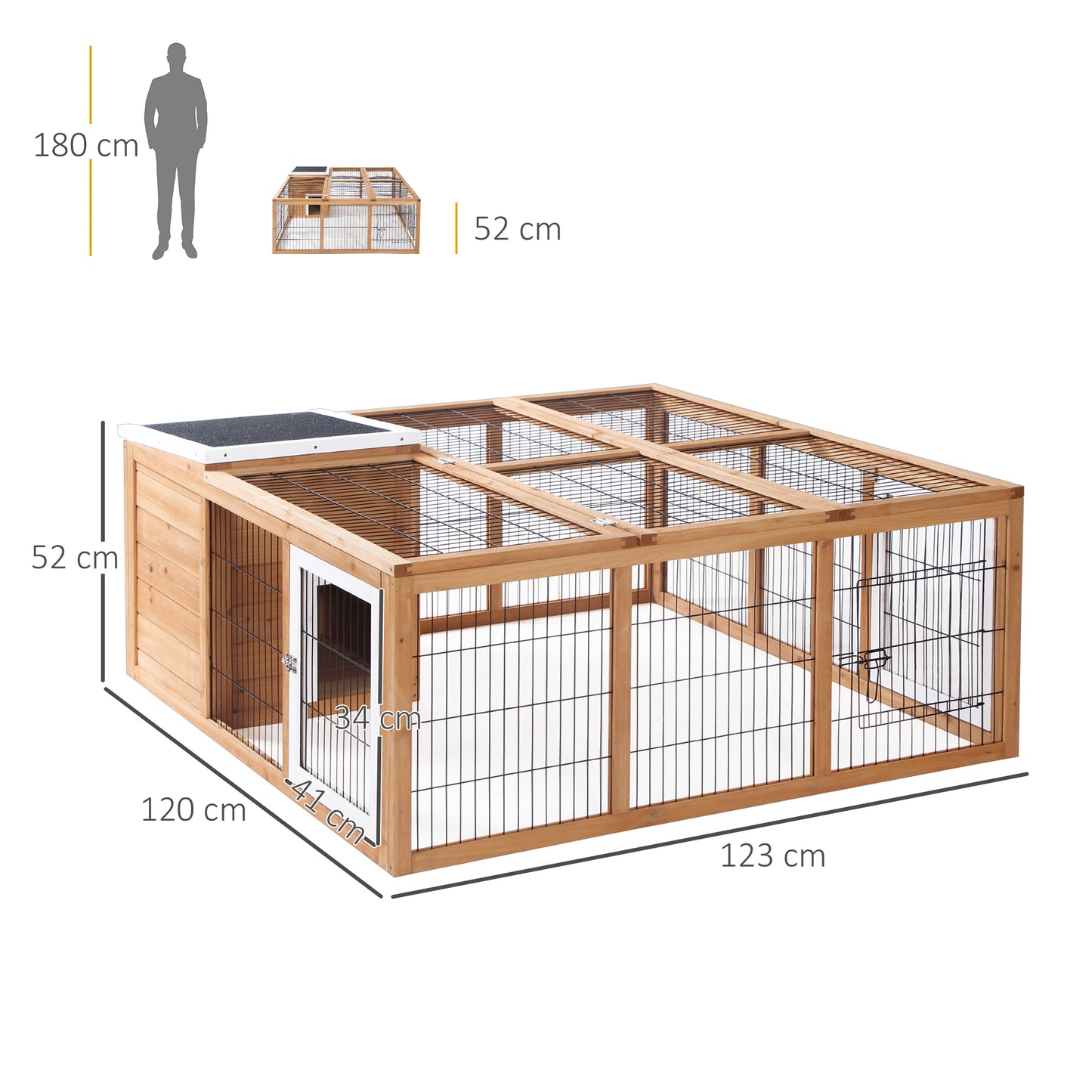PawHut Rabbit Hutch Outdoor, Guinea Pig House, Bunny Run Cage with Openable Top for 1–2 Rabbits, 123 x 120 x 52cm, Yellow