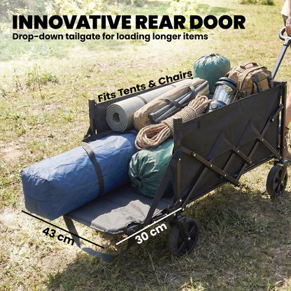 80L Foldable Festival Camping Trolley | Drop-Down Tailgate | Adjustable Handle | 2 Cup Holders | Storage Bags | Quick Release Wheels | 150kg | Black