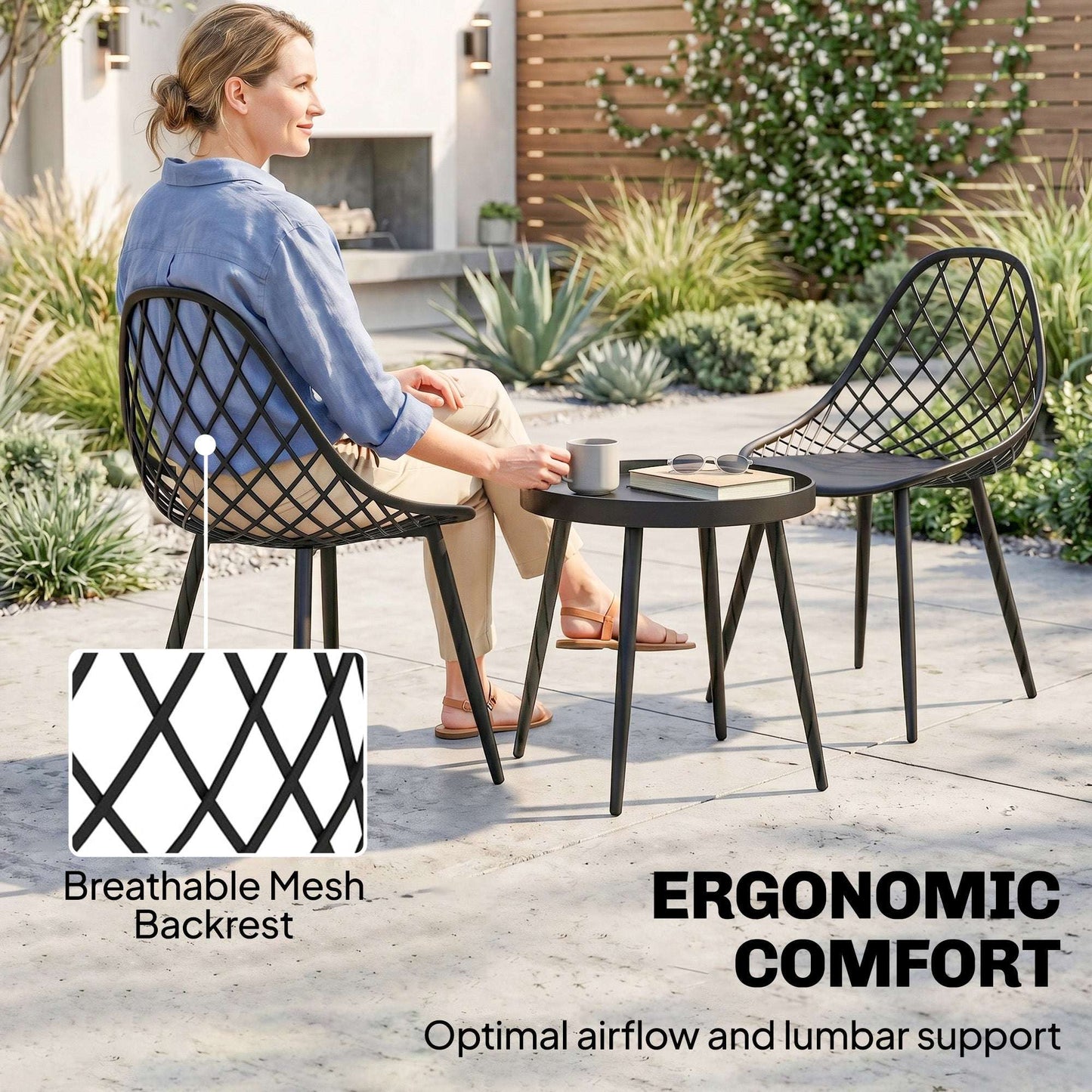 3-Piece Outdoor Bistro Set | 2 Chairs & Round Table | PP Mesh Backrest | Reinforced X-Frame | Anti-Rust Metal Legs | Adjustable Footpads | 120kg Chair Capacity | Garden & Balcony | Black