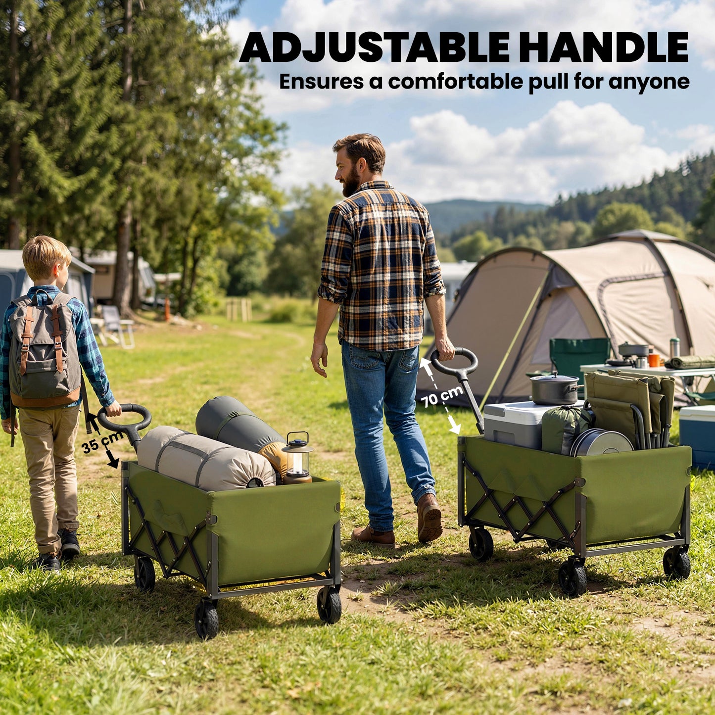 Outsunny 80L Foldable Festival Trolley on Wheels – Drop-Down Tailgate, 150kg, Adjustable Handle, 2 Cup Holders, Quick-Release Wheels – Green