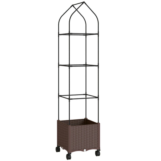 Raised Garden Bed with Adjustable Trellis & Tomato Cage | 4 Lockable Wheels | Bottom Water Tank | 4 Drainage Holes | 40L | Weather-Resistant PP | 40x40x182cm | 20kg | Brown