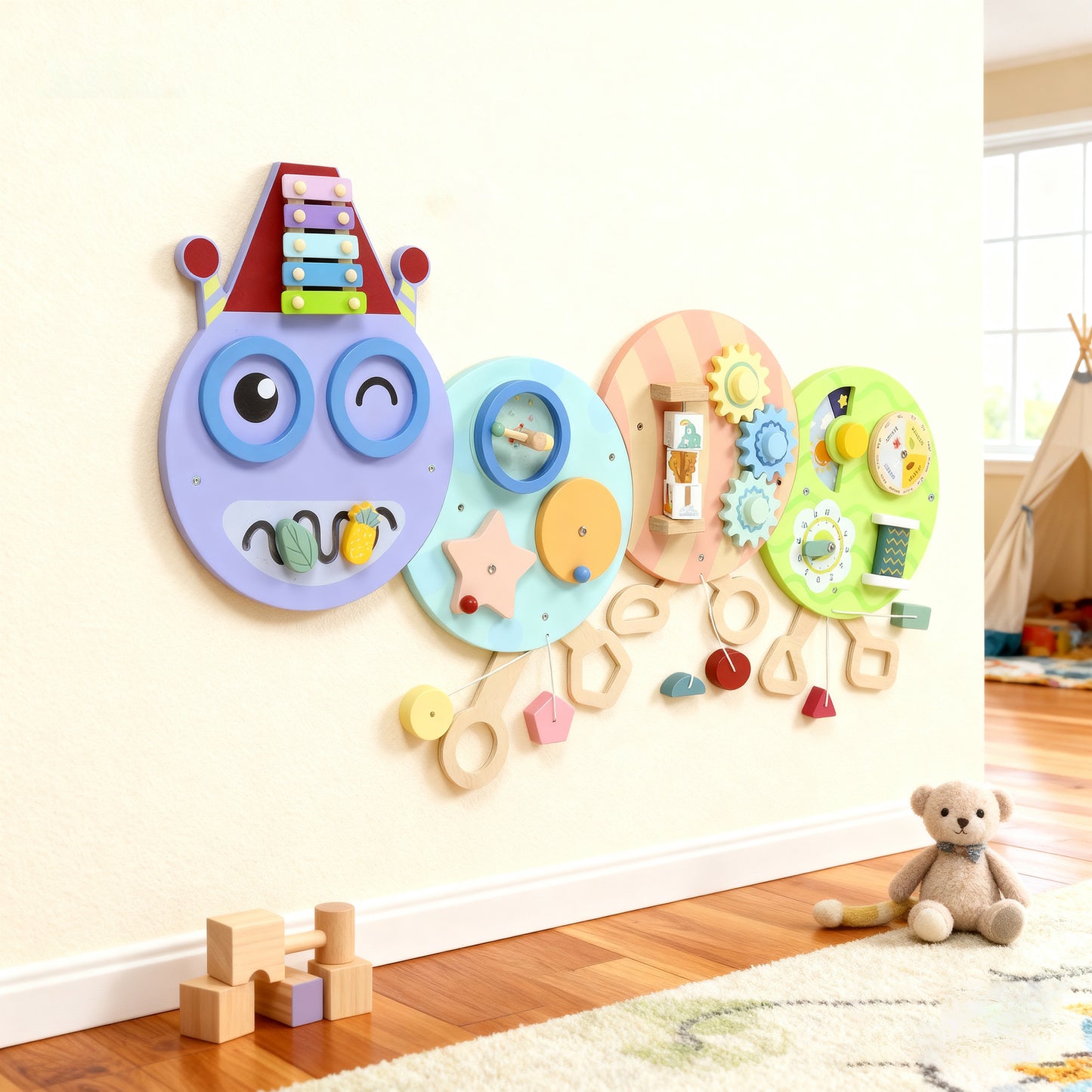 AIYAPLAY Caterpillar Busy Sensory Board with 7 Activities, for Nursery, Playroom, Home, for 3+ Years