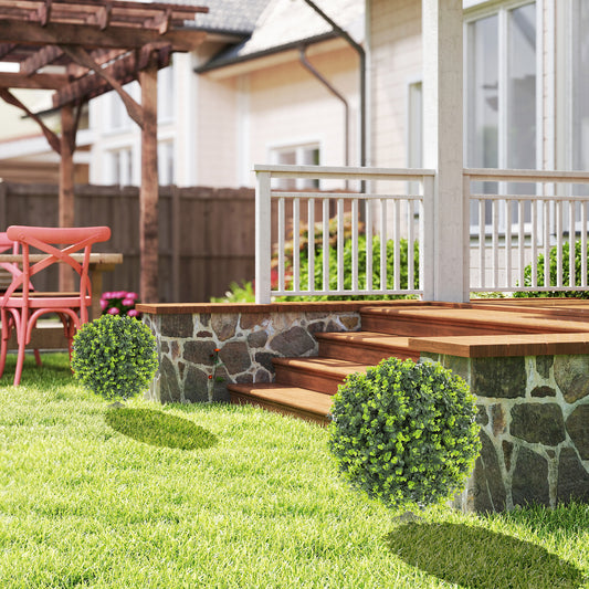 Set of 2 40 cm Artificial Boxwood Topiary Ball Bush with Integrated Ground Stake, Indoor Outdoor UV Resistant Faux Greenery, Faux Plants for Garden, Porch, Balcony