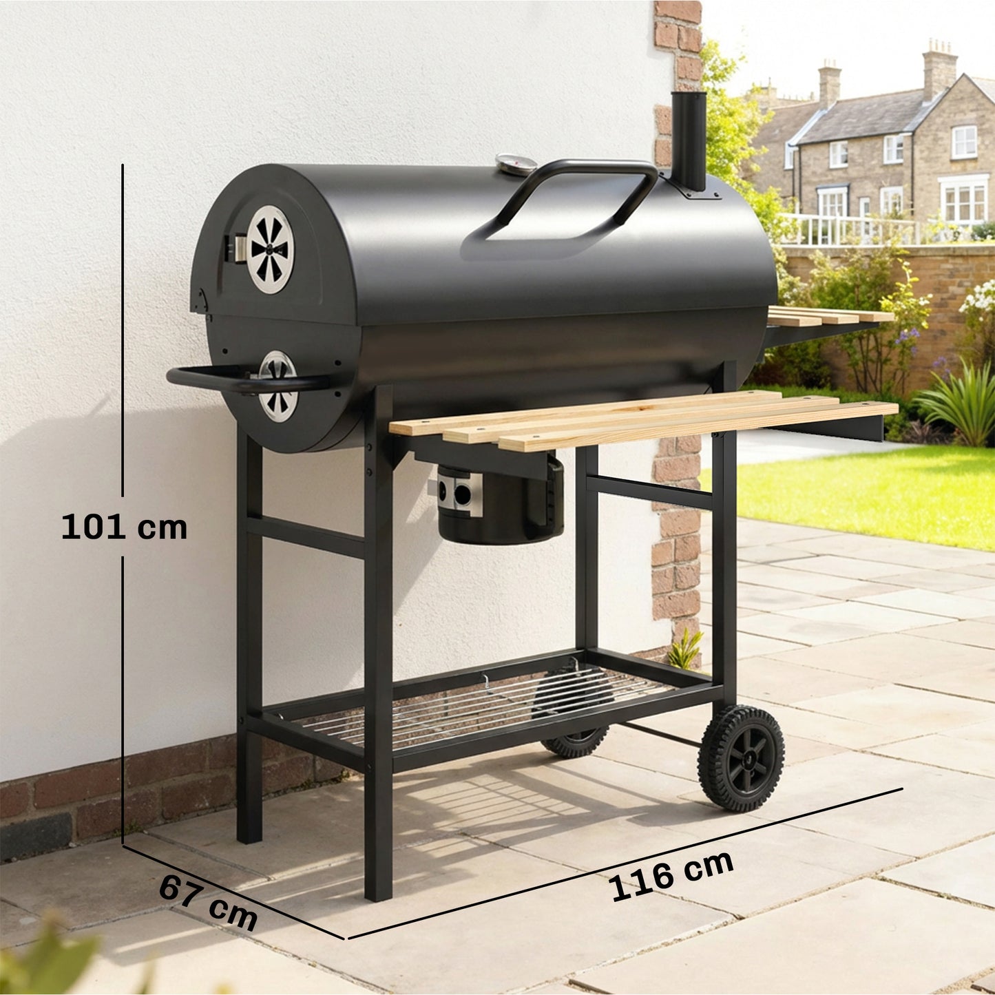 Barrel Charcoal BBQ Smoker | 2500cm² Grill | Warming Rack | Lid Thermometer | Foldable Shelves | Black