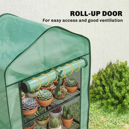 3-Tier Mini Greenhouse | Steel Frame | 140gsm PE Cover | Roll-Up Zip Door | 5kg Per Shelf | 59x39x127cm | Green