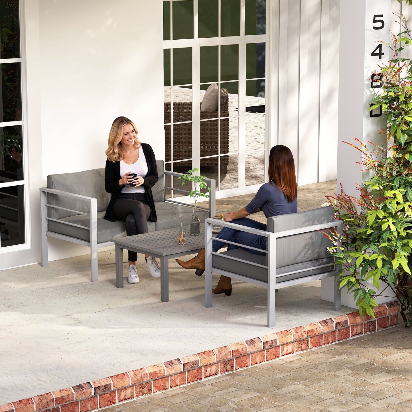 4-Piece Aluminium Garden Sofa Set | Thick Cushions | Loveseat, 2 Armchairs & Table | Charcoal Grey