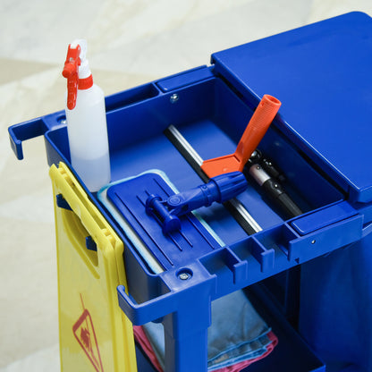 Cleaning Carts On Wheels, Janitorial Trolley W/ 3 Tier Shelves, Housekeeping Utility Service Unit W/ Rubbish Bag Mop Mount for Hotel, Office, Blue