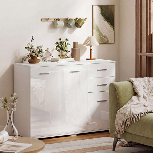 Sideboard, Modern Storage Cabinet with 2 Drawers, 3 Doors and Adjustable Shelves, High Gloss White