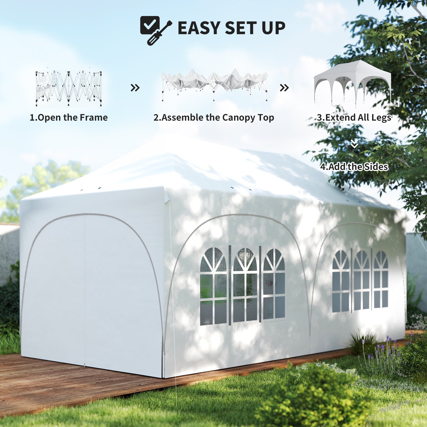 3x6m Peak-Top Pop-Up Party Gazebo | 15-20 People | UPF30+ 210D Oxford Fabric | 6 Sidewalls | 4 Windows & 2 Zipper Doors | 3 Height Settings | 12 Drainage Holes | Stakes, Ropes & Sandbags | Carry Bag | Light Grey & White