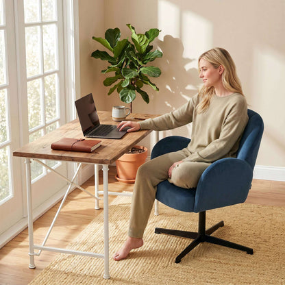 Shell-Shaped Swivel Accent Chair | 360° Swivel | 11cm Spring-Packed Seat | Velvet-Feel Fabric | Metal Base | Plastic Floor Pads | 120kg | 64.5x68x80cm | Dark Blue