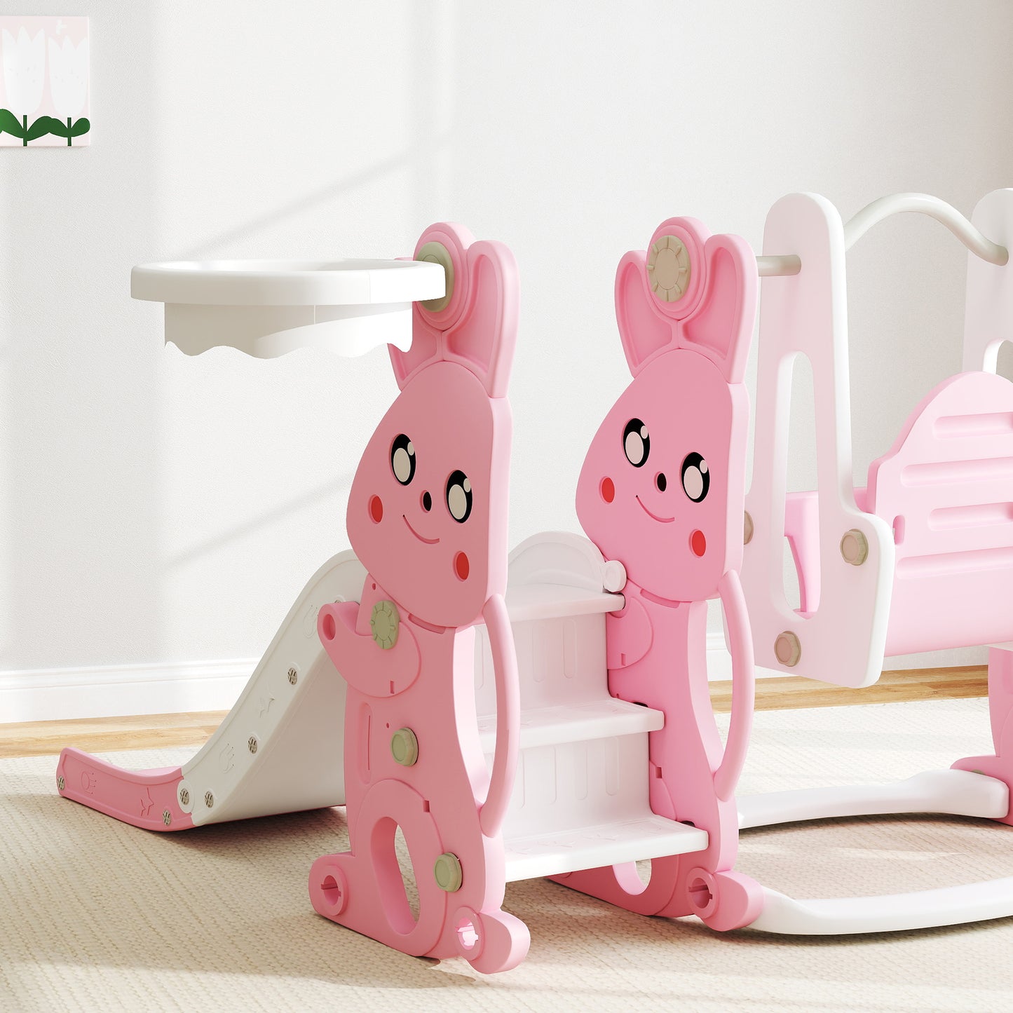 AIYAPLAY 4 in 1 Kids  Baby Toddler Slide and Swing Set with Climber, Basketball Hoop, Rabbit-Themed, Pink