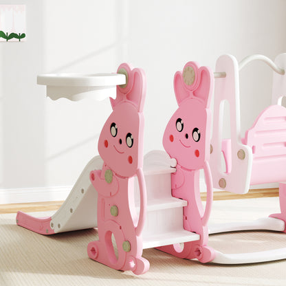 AIYAPLAY 4 in 1 Kids  Baby Toddler Slide and Swing Set with Climber, Basketball Hoop, Rabbit-Themed, Pink