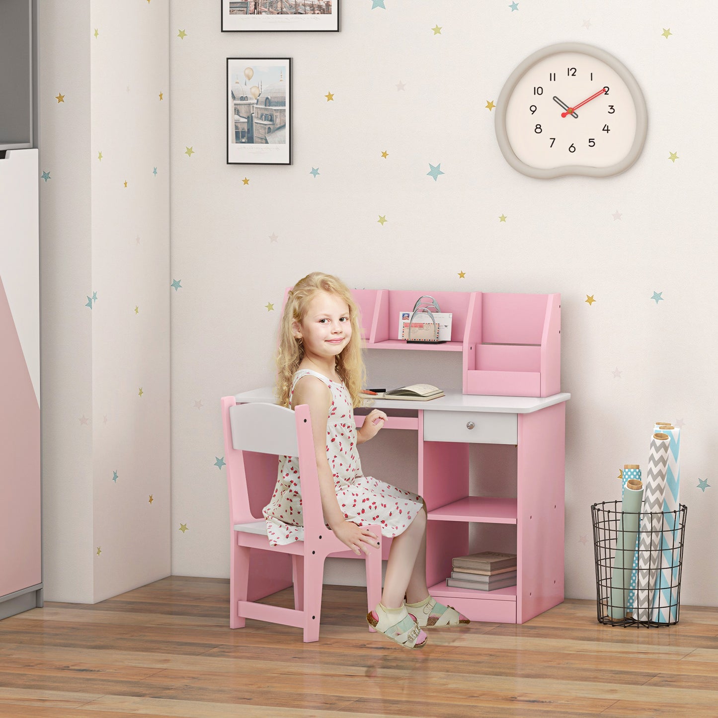 ZONEKIZ Two-Piece Kids Desk and Chair Set with Storage, for Ages 5-8 Years - Pink / Grey