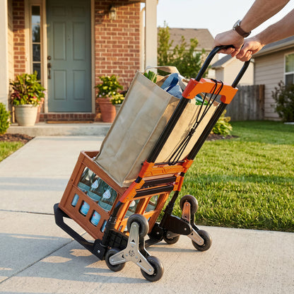 Heavy Duty Foldable Trolley on Wheels | 75kg Flat / 45kg Stairs | Tri-Wheel Stair Climbing | Telescopic Handle | Steel | Black & Orange