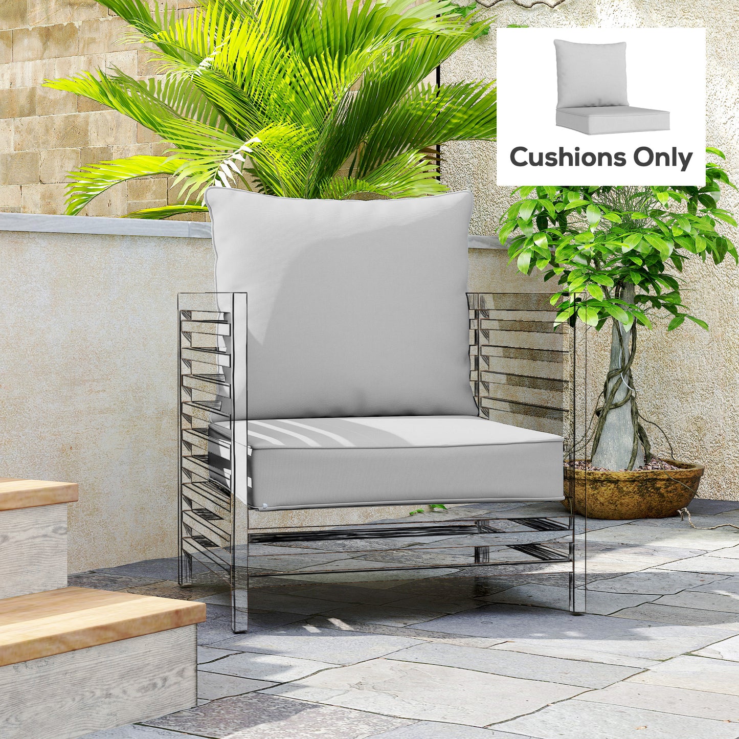 Deep Seat Chair Cushion Set | 15cm Thick Seat & Back Cushion | Removable Washable Covers | Fade & Stain Resistant | Indoor & Outdoor | Seat 61 x 61cm | Back 63 x 55cm | Light Grey