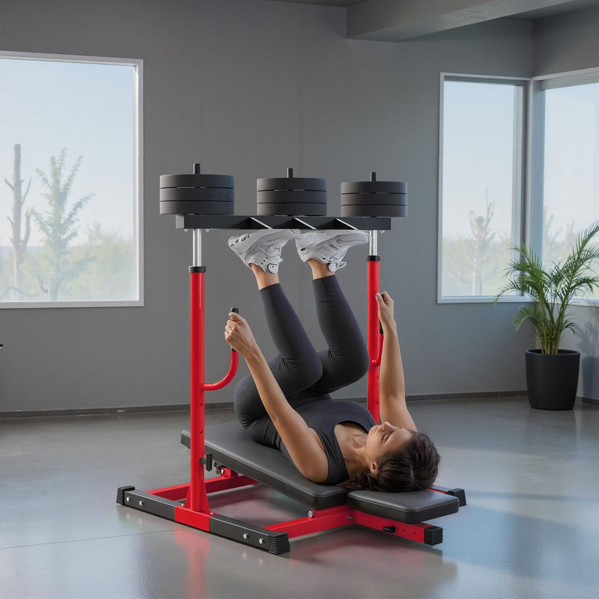 SPORTNOW Vertical Leg Press Machine | Red & Black Steel Home Gym Trainer | 1-Inch Weight Plate Posts | Adjustable Backrest & Head Pad | 130kg Plate Load